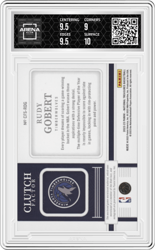 Rudy Gobert from the 2022-23 Panini National Treasures set graded by Arena Club and given an overall grade of 9.5.