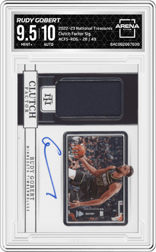 Rudy Gobert from the 2022-23 Panini National Treasures set graded by Arena Club and given an overall grade of 9.5.