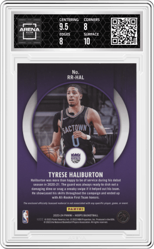 Tyrese Haliburton from the 2023-24 Panini NBA Hoops set graded by Arena Club and given an overall grade of 8.5.
