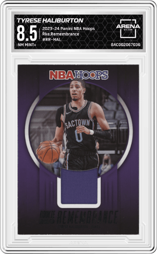 Tyrese Haliburton from the 2023-24 Panini NBA Hoops set graded by Arena Club and given an overall grade of 8.5.