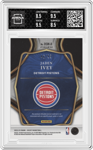 Jaden Ivey from the 2022-23 Panini Select set featuring a Purple Prizm parallel graded by Arena Club and given an overall grade of 9.