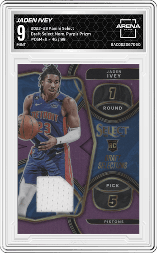 Jaden Ivey from the 2022-23 Panini Select set featuring a Purple Prizm parallel graded by Arena Club and given an overall grade of 9.