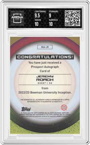 Jeremy Roach from the 2022-23 Bowman University Inception set graded by Arena Club and given an overall grade of 9.5.