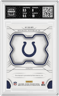 Michael Pittman Jr. from the 2022 Panini National Treasures set graded by Arena Club and given an overall grade of 8.5.