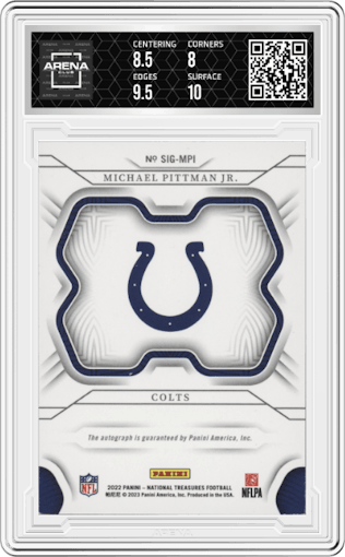 Michael Pittman Jr. from the 2022 Panini National Treasures set graded by Arena Club and given an overall grade of 8.5.