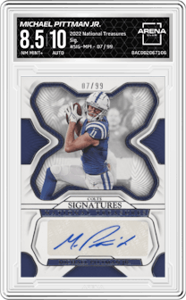 Michael Pittman Jr. from the 2022 Panini National Treasures set graded by Arena Club and given an overall grade of 8.5.