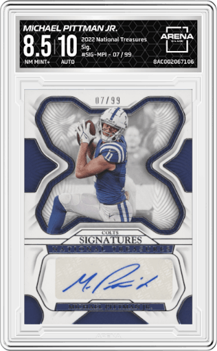 Michael Pittman Jr. from the 2022 Panini National Treasures set graded by Arena Club and given an overall grade of 8.5.