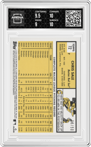 Chris Sale from the 2022 Topps Archives set featuring a Red Hot Foil parallel graded by Arena Club and given an overall grade of 9.5.