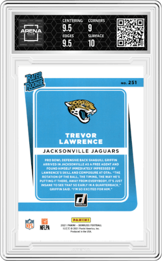 Trevor Lawrence from the 2021 Panini Donruss set featuring a Press Proof Red parallel graded by Arena Club and given an overall grade of 9.5.