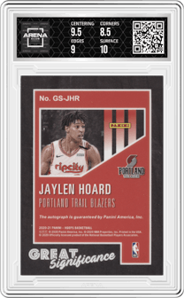 Jaylen Hoard from the 2020-21 Panini NBA Hoops set graded by Arena Club and given an overall grade of 9.