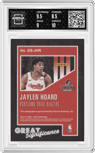 Jaylen Hoard from the 2020-21 Panini NBA Hoops set graded by Arena Club and given an overall grade of 9.