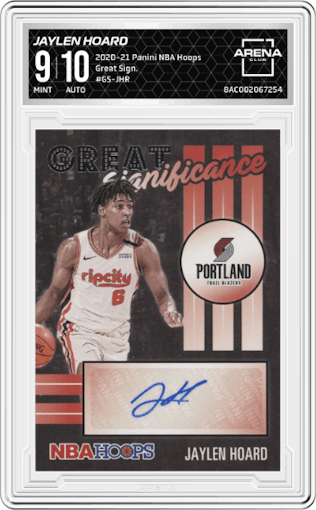 Jaylen Hoard from the 2020-21 Panini NBA Hoops set graded by Arena Club and given an overall grade of 9.