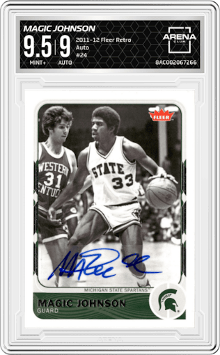 Magic Johnson from the 2011-12 Fleer Retro set graded by Arena Club and given an overall grade of 9.5.