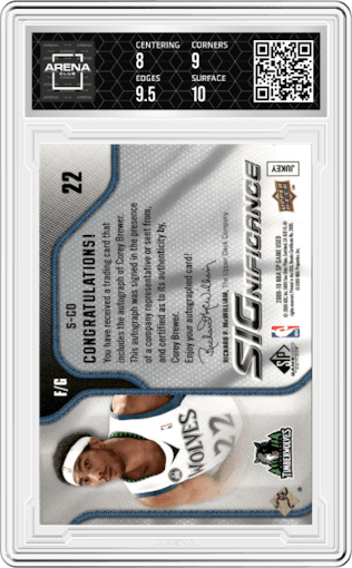 Corey Brewer from the 2009-10 SP Game Used set graded by Arena Club and given an overall grade of 8.5.