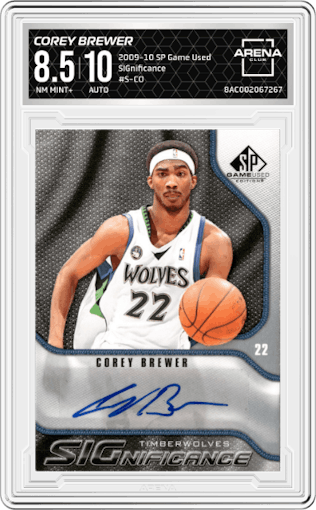 Corey Brewer from the 2009-10 SP Game Used set graded by Arena Club and given an overall grade of 8.5.