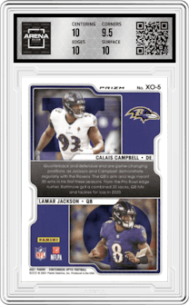 Calais Campbell/Lamar Jackson from the 2021 Panini Contenders Optic set featuring a Blue parallel graded by Arena Club and given an overall grade of 10.