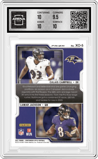 Calais Campbell/Lamar Jackson from the 2021 Panini Contenders Optic set featuring a Blue parallel graded by Arena Club and given an overall grade of 10.