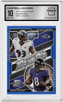 Calais Campbell/Lamar Jackson from the 2021 Panini Contenders Optic set featuring a Blue parallel graded by Arena Club and given an overall grade of 10.
