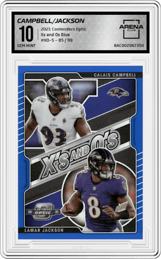 Calais Campbell/Lamar Jackson from the 2021 Panini Contenders Optic set featuring a Blue parallel graded by Arena Club and given an overall grade of 10.