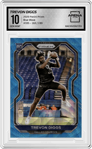 Trevon Diggs from the 2020 Panini Prizm set featuring a Blue Wave parallel graded by Arena Club and given an overall grade of 10.