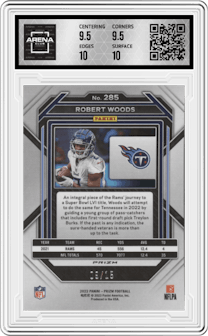 Robert Woods from the 2022 Panini Prizm set featuring a Forest Camo parallel graded by Arena Club and given an overall grade of 10.