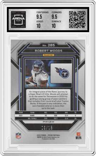 Robert Woods from the 2022 Panini Prizm set featuring a Forest Camo parallel graded by Arena Club and given an overall grade of 10.