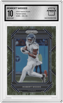 Robert Woods from the 2022 Panini Prizm set featuring a Forest Camo parallel graded by Arena Club and given an overall grade of 10.