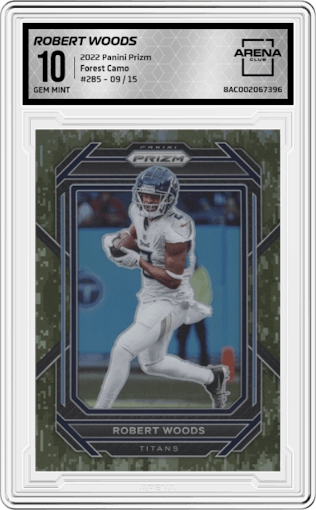 Robert Woods from the 2022 Panini Prizm set featuring a Forest Camo parallel graded by Arena Club and given an overall grade of 10.