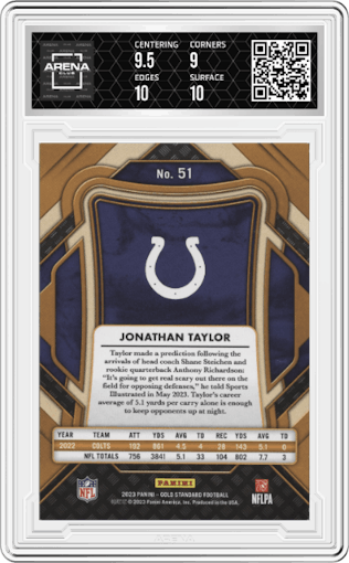 Jonathan Taylor from the 2023 Panini Gold Standard set featuring a White Gold parallel graded by Arena Club and given an overall grade of 9.5.