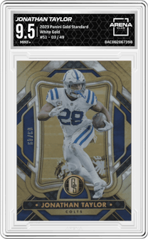 Jonathan Taylor from the 2023 Panini Gold Standard set featuring a White Gold parallel graded by Arena Club and given an overall grade of 9.5.