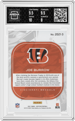 Joe Burrow from the 2021 Panini Certified set featuring a Mirror Red parallel graded by Arena Club and given an overall grade of 8.5.