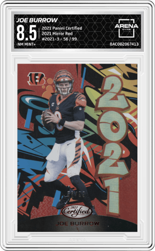 Joe Burrow from the 2021 Panini Certified set featuring a Mirror Red parallel graded by Arena Club and given an overall grade of 8.5.