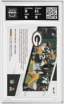 Aaron Rodgers from the 2021 Panini Donruss Elite set featuring a Gold parallel graded by Arena Club and given an overall grade of 9.