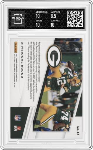 Aaron Rodgers from the 2021 Panini Donruss Elite set featuring a Gold parallel graded by Arena Club and given an overall grade of 9.