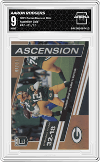 Aaron Rodgers from the 2021 Panini Donruss Elite set featuring a Gold parallel graded by Arena Club and given an overall grade of 9.