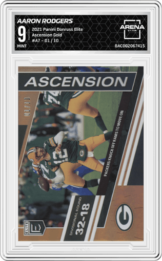 Aaron Rodgers from the 2021 Panini Donruss Elite set featuring a Gold parallel graded by Arena Club and given an overall grade of 9.