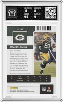 Tedarrell Slaton from the 2021 Panini Contenders   set featuring a  Championship Ticket parallel graded by Arena Club and given an overall grade of 8.5.