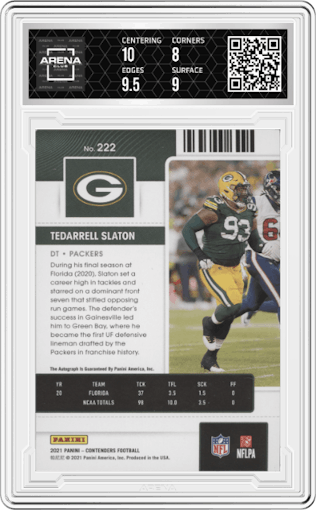 Tedarrell Slaton from the 2021 Panini Contenders   set featuring a  Championship Ticket parallel graded by Arena Club and given an overall grade of 8.5.