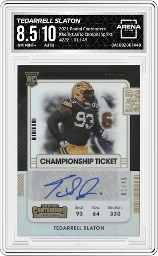 Tedarrell Slaton from the 2021 Panini Contenders   set featuring a  Championship Ticket parallel graded by Arena Club and given an overall grade of 8.5.
