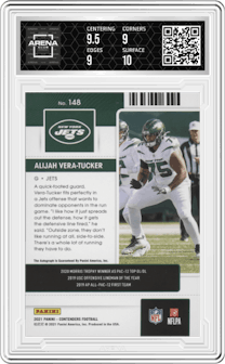 Alijah Vera-Tucker from the 2021 Panini Contenders   set graded by Arena Club and given an overall grade of 9.5.