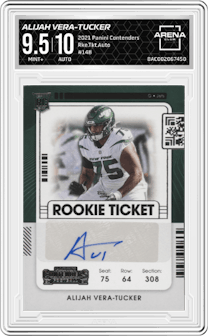 Alijah Vera-Tucker from the 2021 Panini Contenders   set graded by Arena Club and given an overall grade of 9.5.