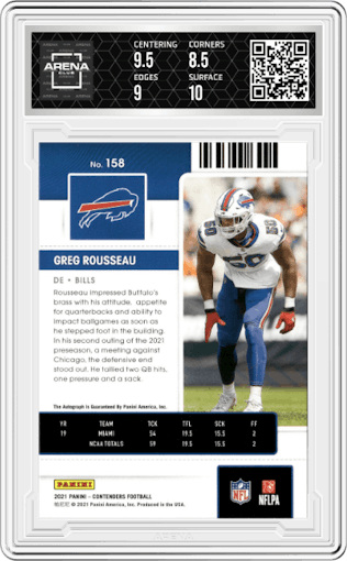 Greg Rousseau from the 2021 Panini Contenders   set graded by Arena Club and given an overall grade of 9.