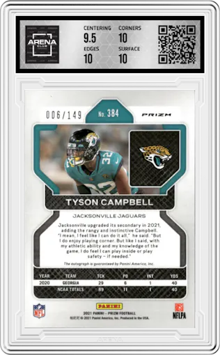 Tyson Campbell from the 2021 Panini Prizm set featuring a Red Wave parallel graded by Arena Club and given an overall grade of 10.