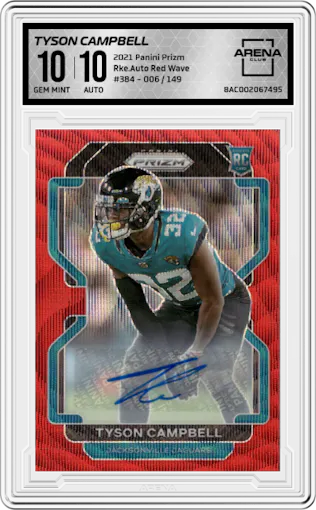 Tyson Campbell from the 2021 Panini Prizm set featuring a Red Wave parallel graded by Arena Club and given an overall grade of 10.