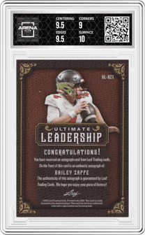 Bailey Zappe from the 2022 Leaf Ultimate Draft set graded by Arena Club and given an overall grade of 9.5.