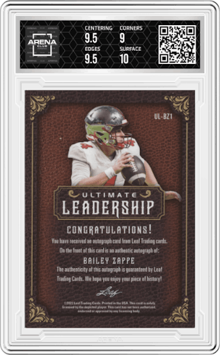 Bailey Zappe from the 2022 Leaf Ultimate Draft set graded by Arena Club and given an overall grade of 9.5.