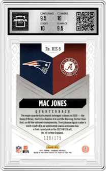 Mac Jones from the 2021 Panini Phoenix set featuring a Pink parallel graded by Arena Club and given an overall grade of 10.