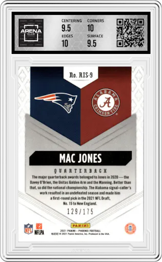Mac Jones from the 2021 Panini Phoenix set featuring a Pink parallel graded by Arena Club and given an overall grade of 10.