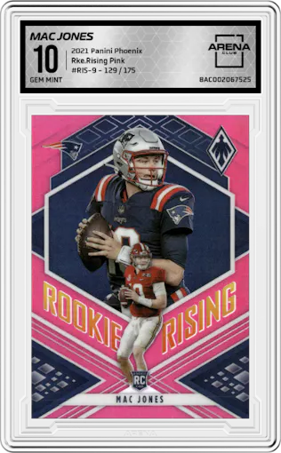 Mac Jones from the 2021 Panini Phoenix set featuring a Pink parallel graded by Arena Club and given an overall grade of 10.