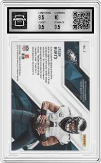 Jalen Hurts from the 2023 Panini Donruss Elite set graded by Arena Club and given an overall grade of 10.